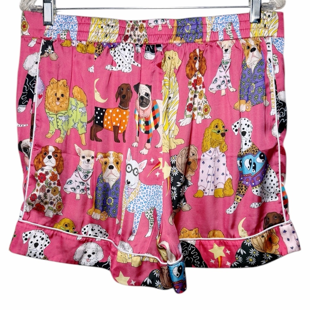 KAREN MABON Fashion Dogs Pink Satin Pajama Set Short Sleeve PJs Size Medium - Picture 5 of 10